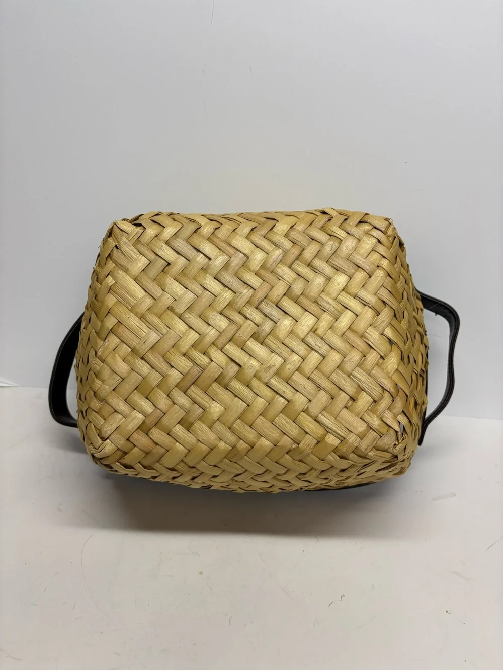 Woven Straw Handled Basket with Dark Brown Leather Trim 14x10x6.5”